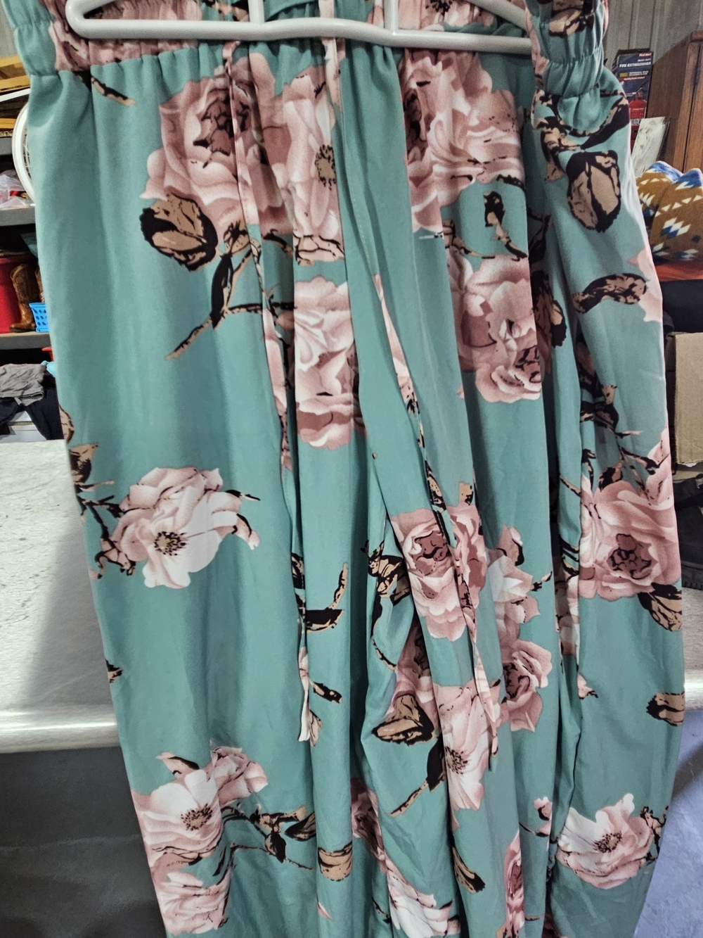 SHEIN Teal Floral Wide-Leg Pants with Pink Roses